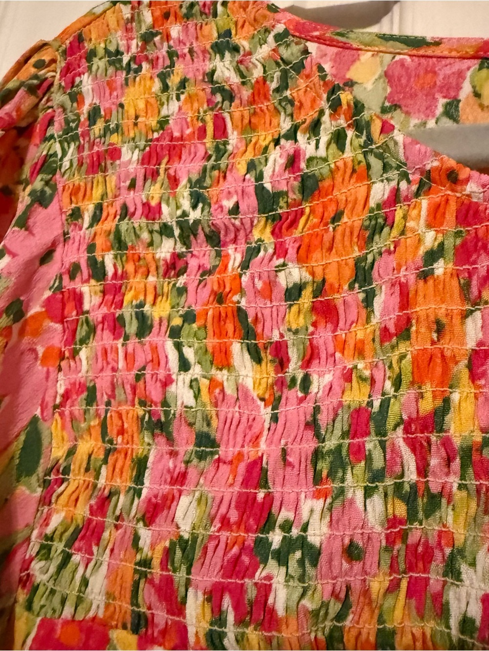 Terra & Sky Floral Smocked Top in Pink, Orange & Green - Picture 5 of 14